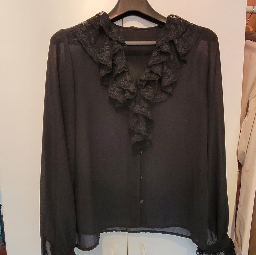Chic Black Lace Ruffle Button Down Shirt